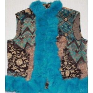 D Studio Brown & Blue Cotton Rabbit Fur Trim Cropped Vest Women's Size S